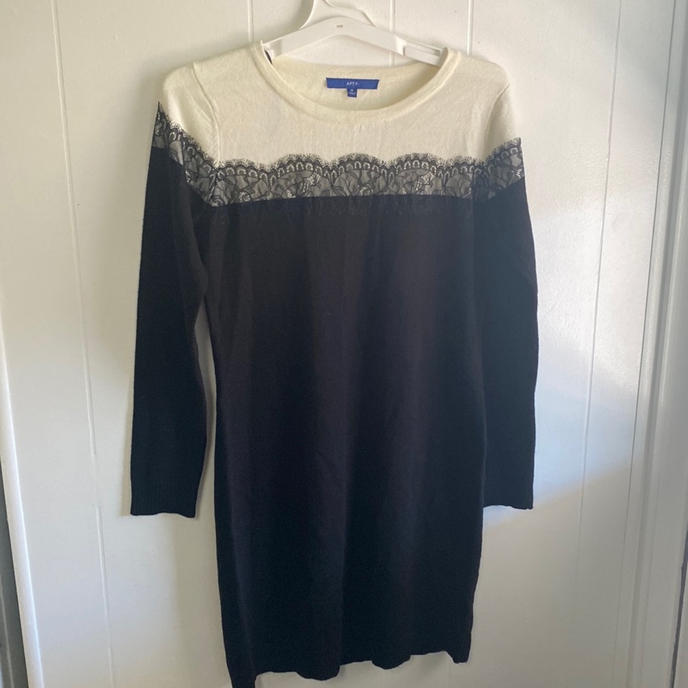 Black and cream sweater dress with lace detailing